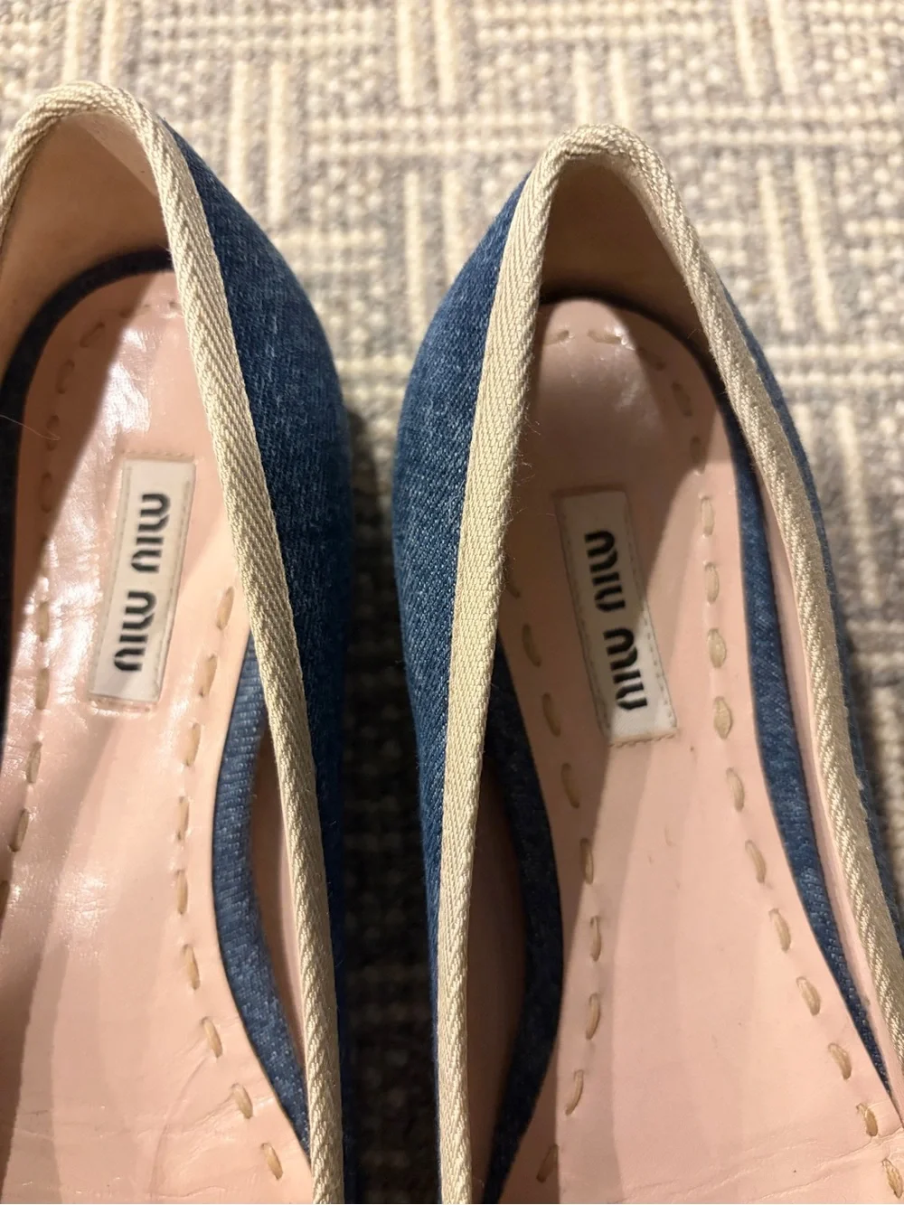 Miu Miu Denim Pointed Flats with Crystal Bow Accents